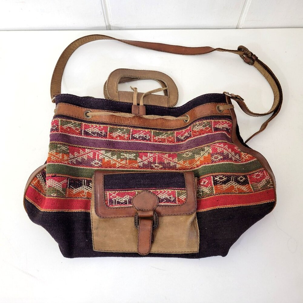 Vintage Kilim and Leather Shoulder Bag Purse - Picture 2 of 6